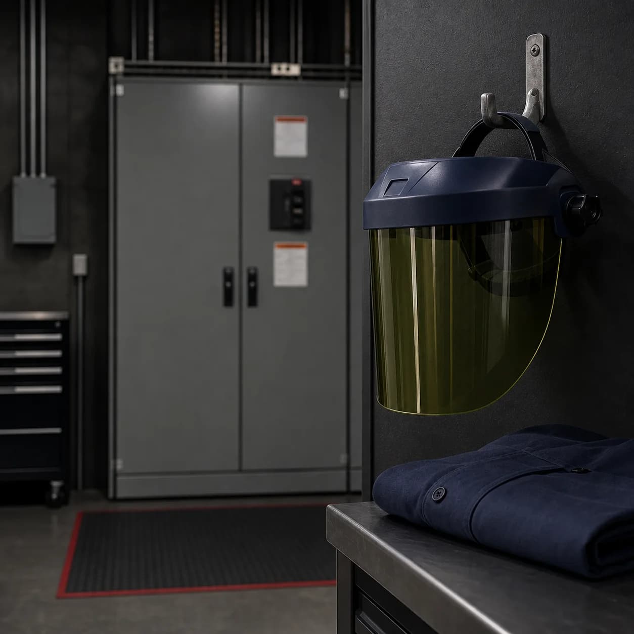 Arc flash face shield and folded arc-rated workwear beside a closed electrical cabinet.