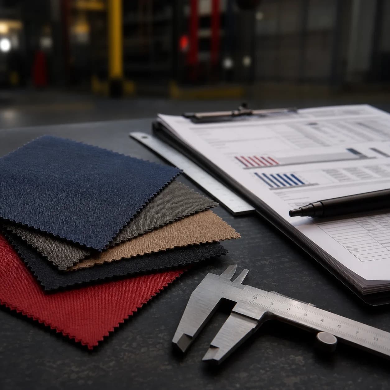 Arc-rated fabric swatches, a caliper, and non-readable specification documents on an industrial table.