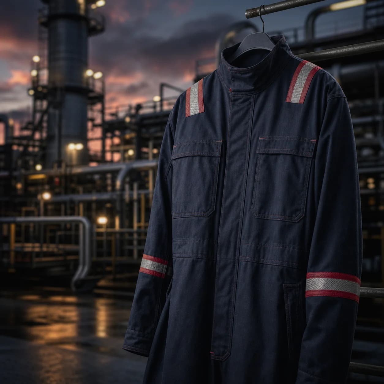 Flame-resistant coverall staged in front of refinery piping at dusk.