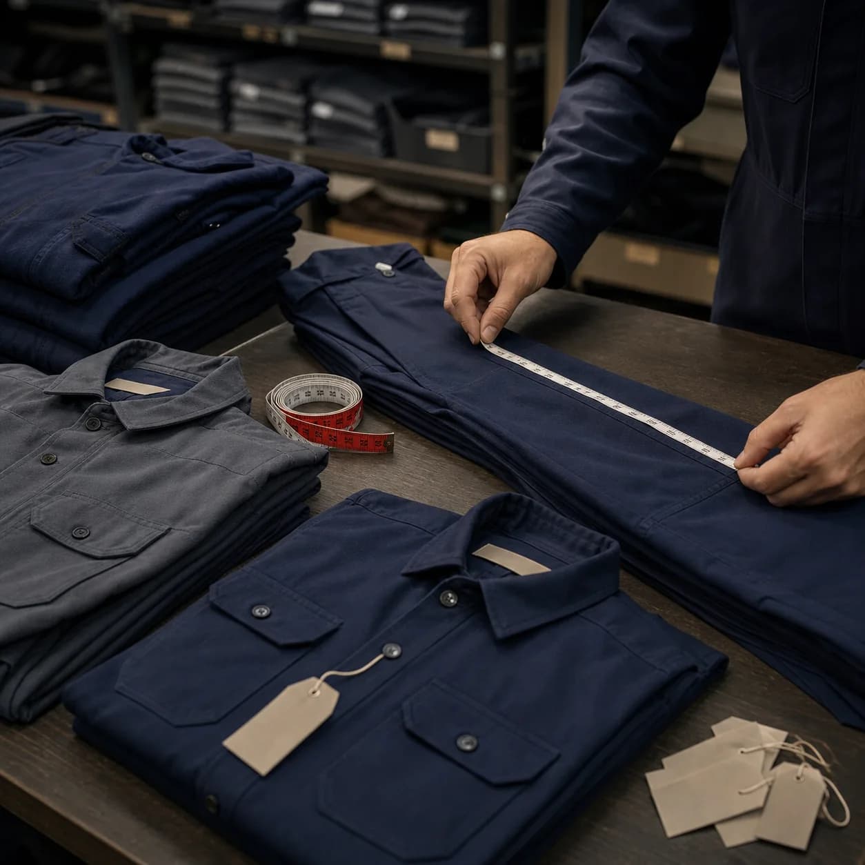 FR garments being measured on an organized warehouse fitting table.