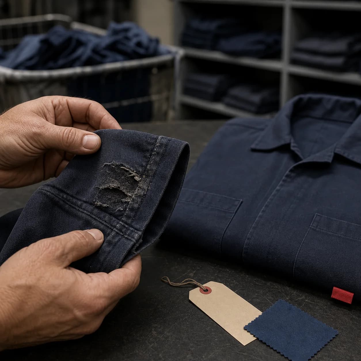 Worn FR shirt sleeve being inspected beside a clean replacement garment.