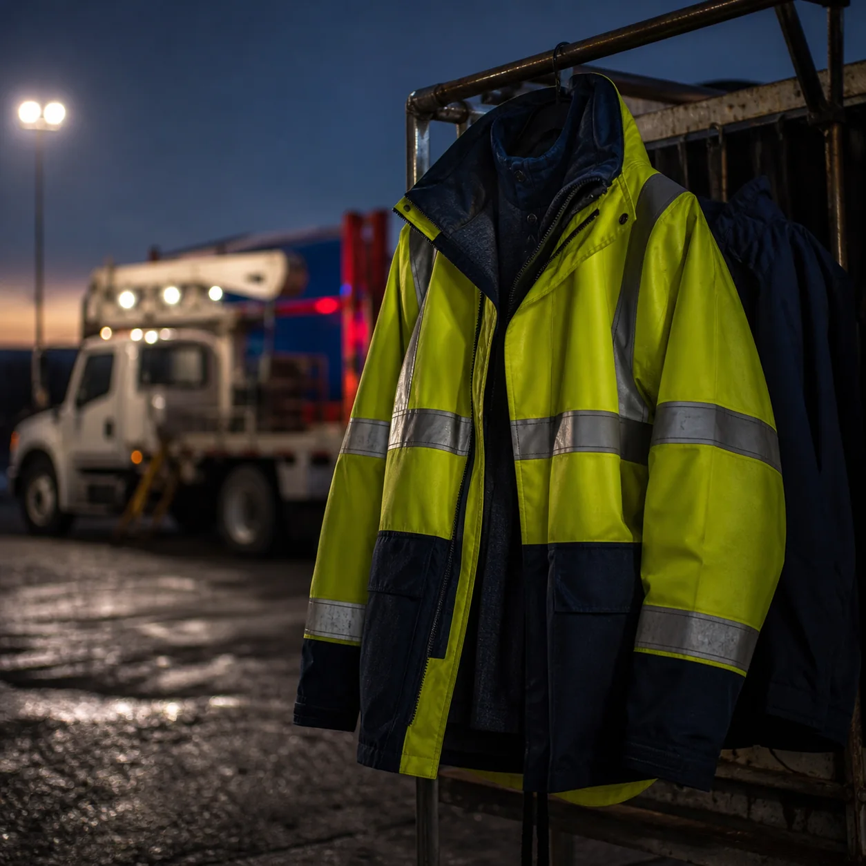 High-visibility FR jacket hanging at a jobsite staging area near work lights.