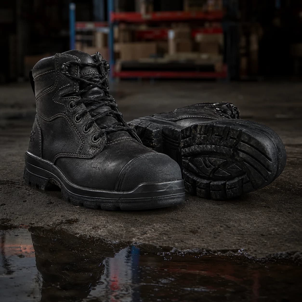 Rugged safety work boots on a wet industrial floor with visible outsole tread.