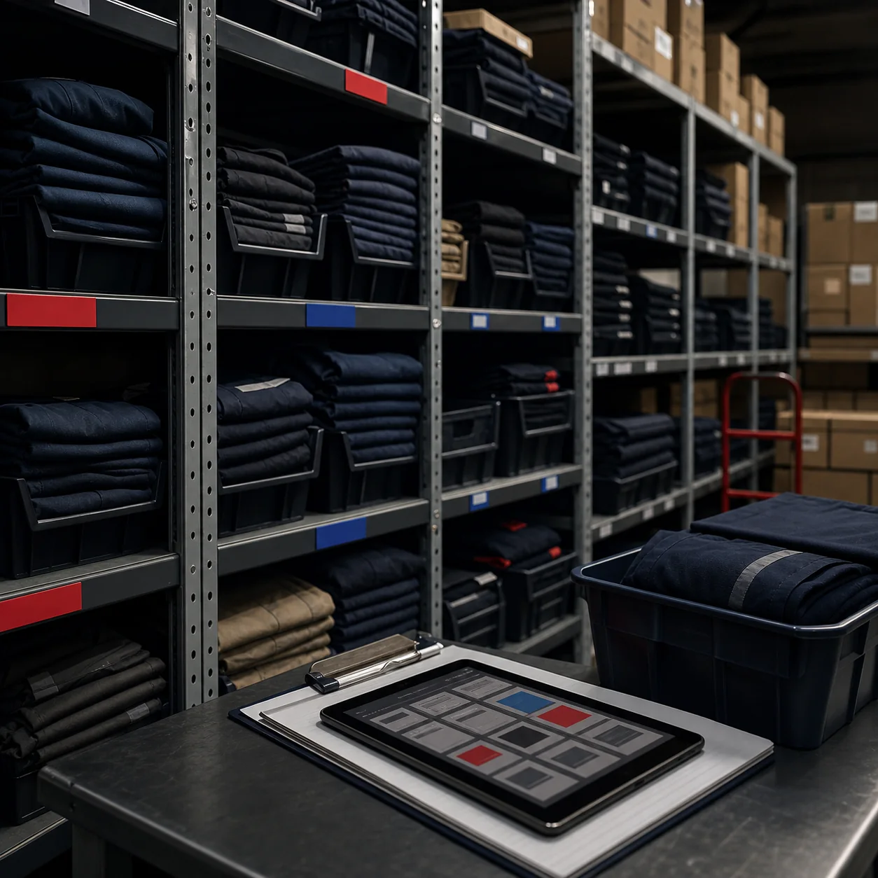 Organized workwear shelves and inventory planning tools in a warehouse uniform program area.